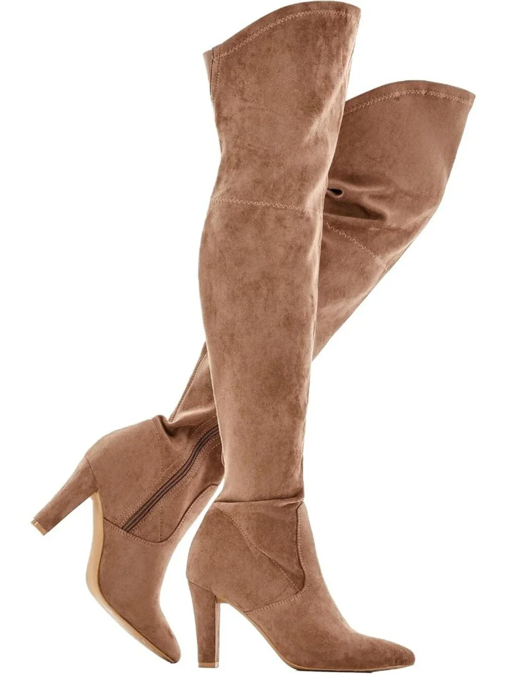 Women's Taupe Suede Stretch Chunky Heel Over Shaft Length Knee Boots Thigh High